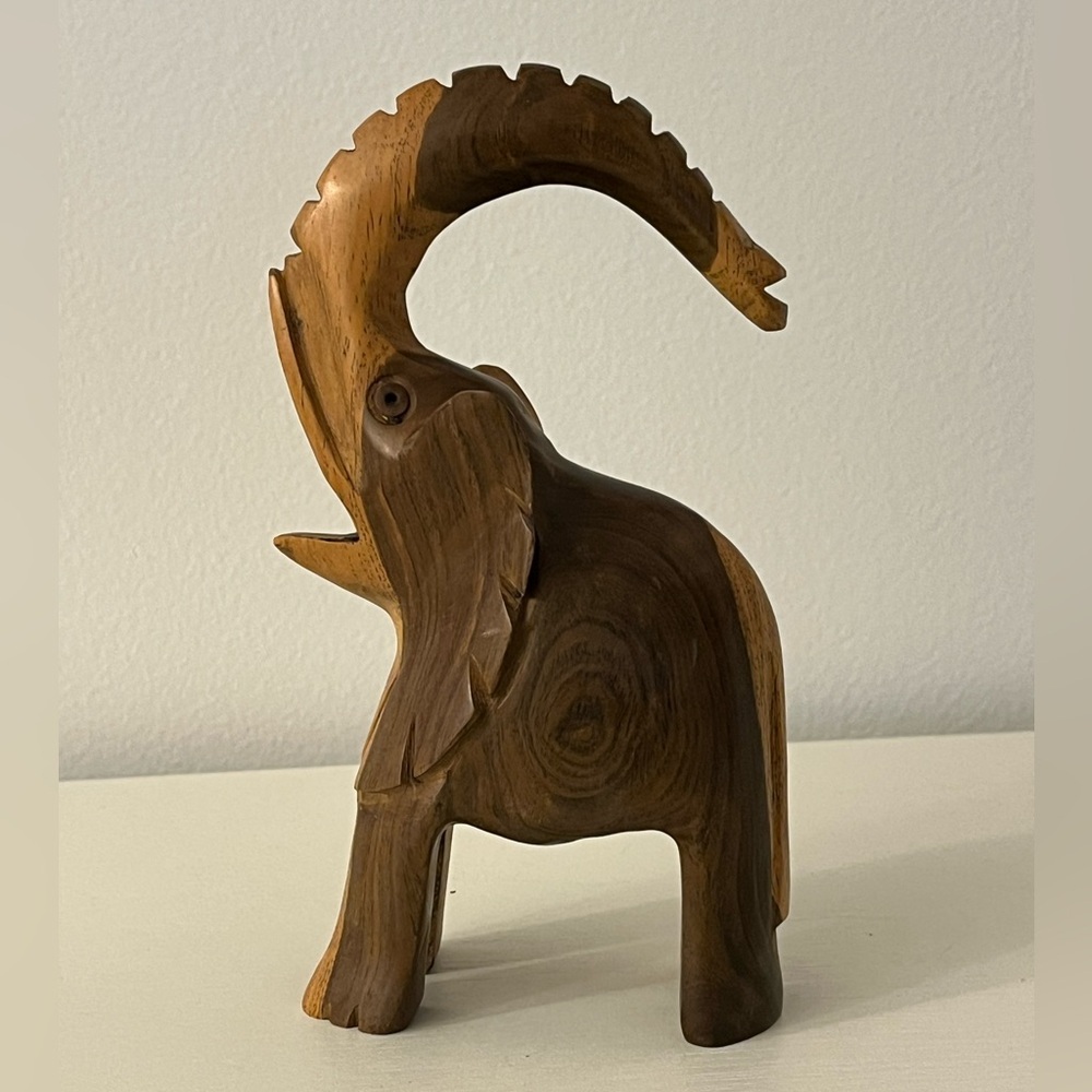 Vintage Hand Carved Wooden Elephant With Raised Trunk Good Luck Animal Figurine - Picture 10 of 10